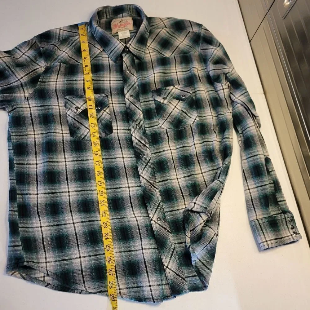 Wrangler Green Black Flannel Long Sleeve Western Pearl Snap Shirt Men's XL